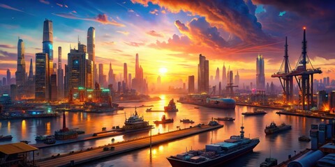 Naklejka premium Vibrant cyberpunk cityscape with a bustling harbor at sunset, cyberpunk, cityscape, vibrant, skyline, futuristic, technology