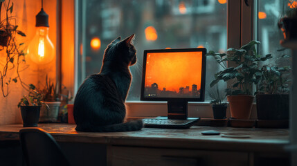 Black cat sits on a desk next to a computer, gazing out the window.