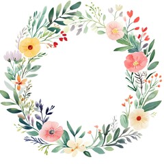 Watercolor wildflower wreath, in dark red and light beige, on a white background. Clipart