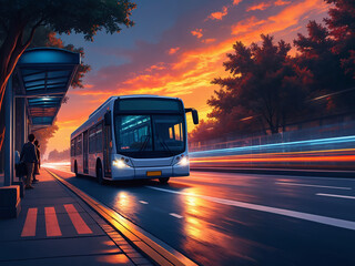 Obraz premium AI-generated illustration of a city bus moving through a city road.
