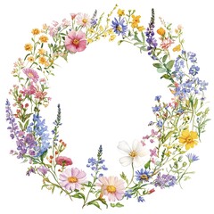 Watercolor wildflower wreath, in dark red and light beige, on a white background. Clipart