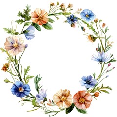 Watercolor wildflower wreath, in dark red and light beige, on a white background. Clipart