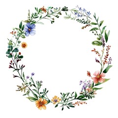 Naklejka premium Watercolor wildflower wreath, in dark red and light beige, on a white background. Clipart