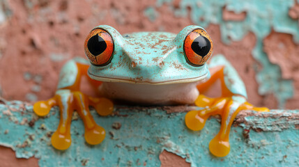 A close-up of a green tree frog with bright orange eyes.