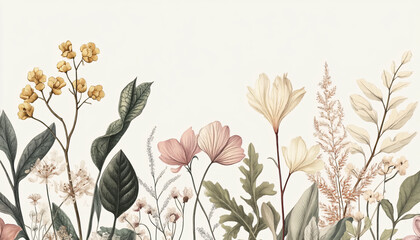 Naklejka premium Hand-drawn vintage illustrations of different plant species, paired with soft, muted colors for a calming and artistic vibe
