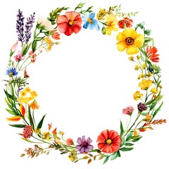 Obraz premium Watercolor wildflower wreath, clipart, white background, white space, clean lines, red and dark beige