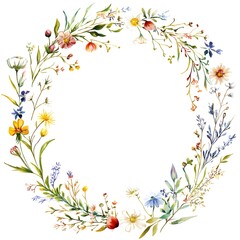Fototapeta premium Watercolor wildflower wreath, clipart, white background, white space, clean lines, red and dark beige