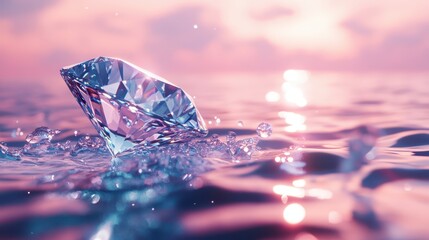Abstract diamond hovering over rippling water surface, vibrant splash effect with translucent water reflections, futuristic lighting