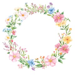 Obraz premium Watercolor wildflower wreath, clipart, white background, white space, clean lines, red and dark beige