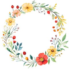 Fototapeta premium Watercolor wildflower wreath, clipart, white background, white space, clean lines, red and dark beige