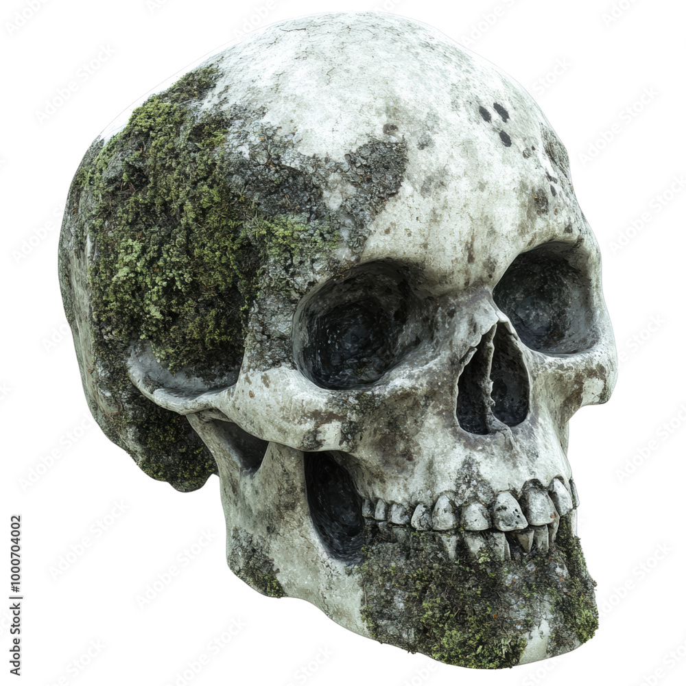 Poster rustic skull: a weathered skull with a rustic texture, featuring elements like moss or stone.