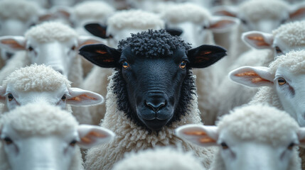 One black sheep stands out amongst a crowd of white sheep.