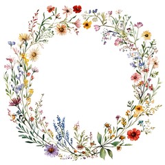 Fototapeta premium Watercolor wildflower wreath, dark red and light beige pastel color palette,