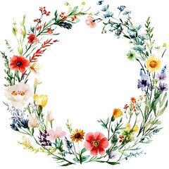 Obraz premium Watercolor wildflower wreath, dark red and light beige pastel color palette,