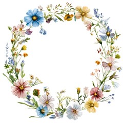 Watercolor wildflower wreath, dark red and light beige pastel color palette,