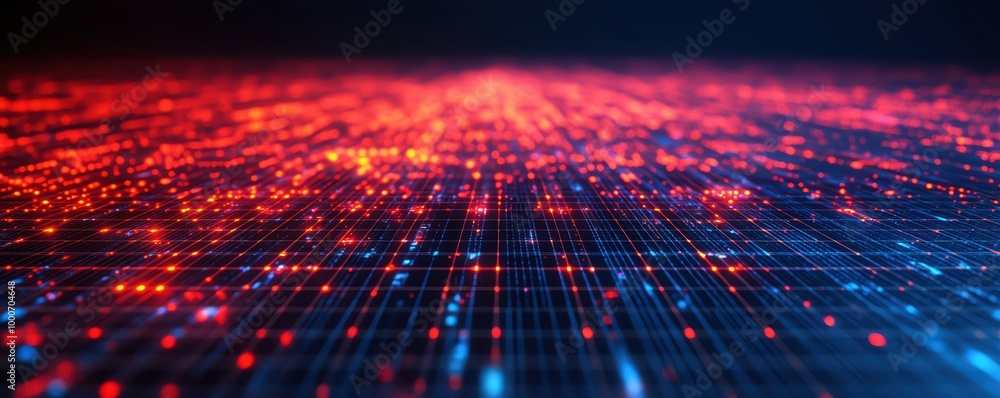 Wall mural Abstract digital landscape with glowing red and blue lights.