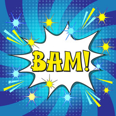 Comic lettering bam. Vector bright cartoon illustration in retro pop art style. Comic text sound effects. EPS 10.