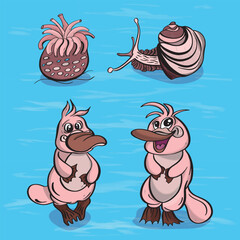 Vector illustration characters sea inhabitants platypus and mollusks with algae on a textured background