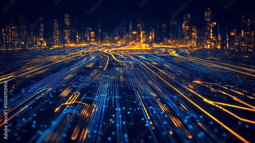 Poster abstract network of illuminated lines and cityscape in the background