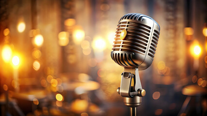 The timeless elegance of a vintage microphone is highlighted by the warm and inviting backdrop of candlelight and blurred lights
