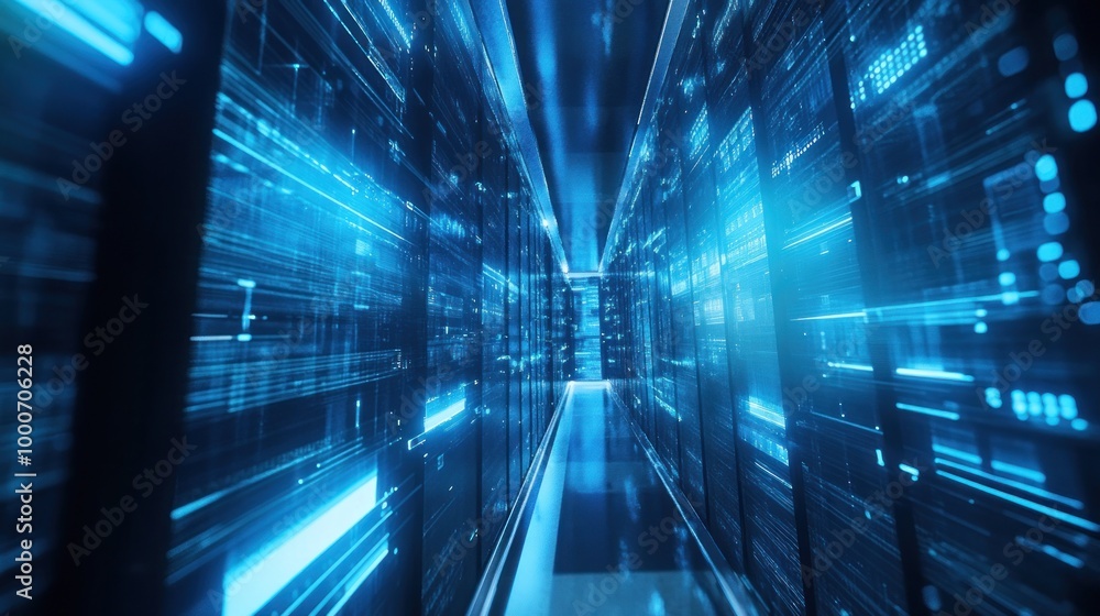 Aufkleber a futuristic data center corridor illuminated with blue lights, representing technology and data flo