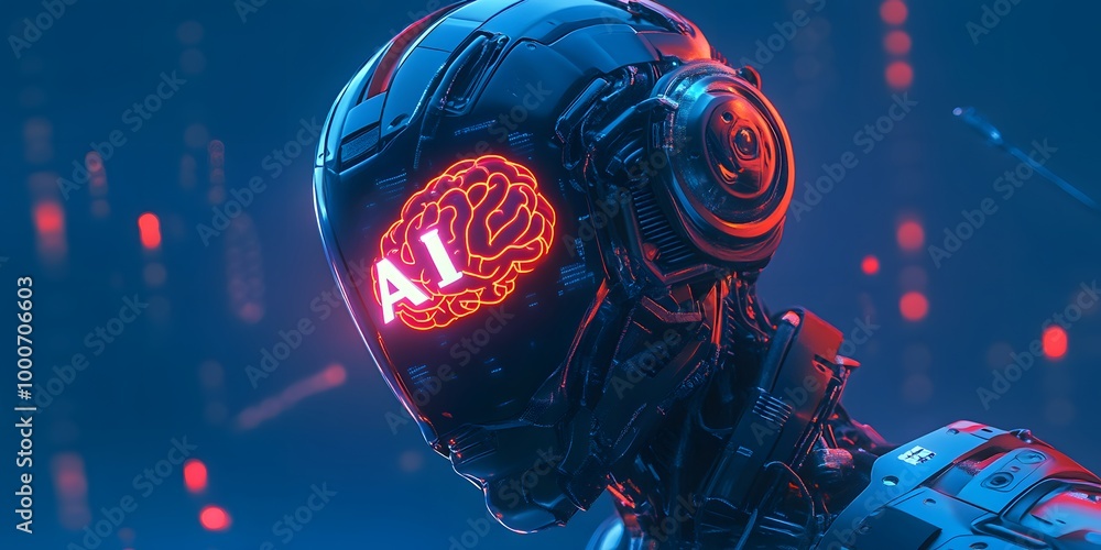 Poster cyber inspired digital illustration of a robot head with ai text a glowing brain and tech elements,