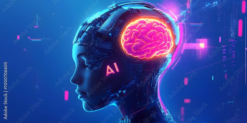 Poster cyber inspired digital illustration of a robot head with ai text a glowing brain and tech elements,
