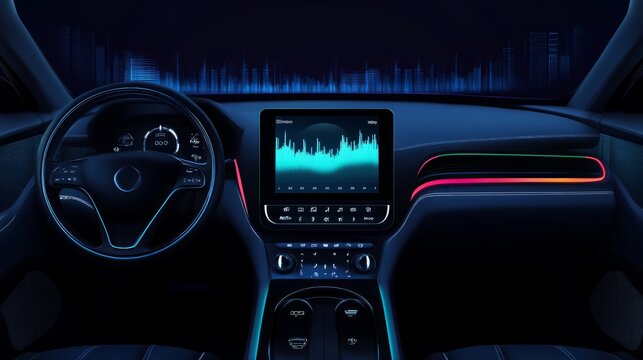 Voice recognition , speech talk and internet of things in smart car concept. Car 's console show application display and sound wave
