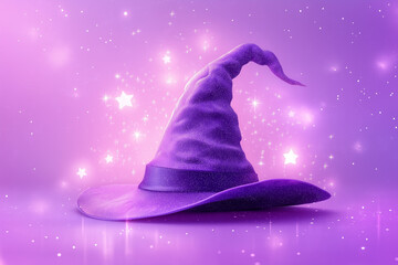 A witch wizard hat for Halloween with magic stars, lilac highlighted on a lilac background, with a cut-out path for an autumn seasonal festive costume