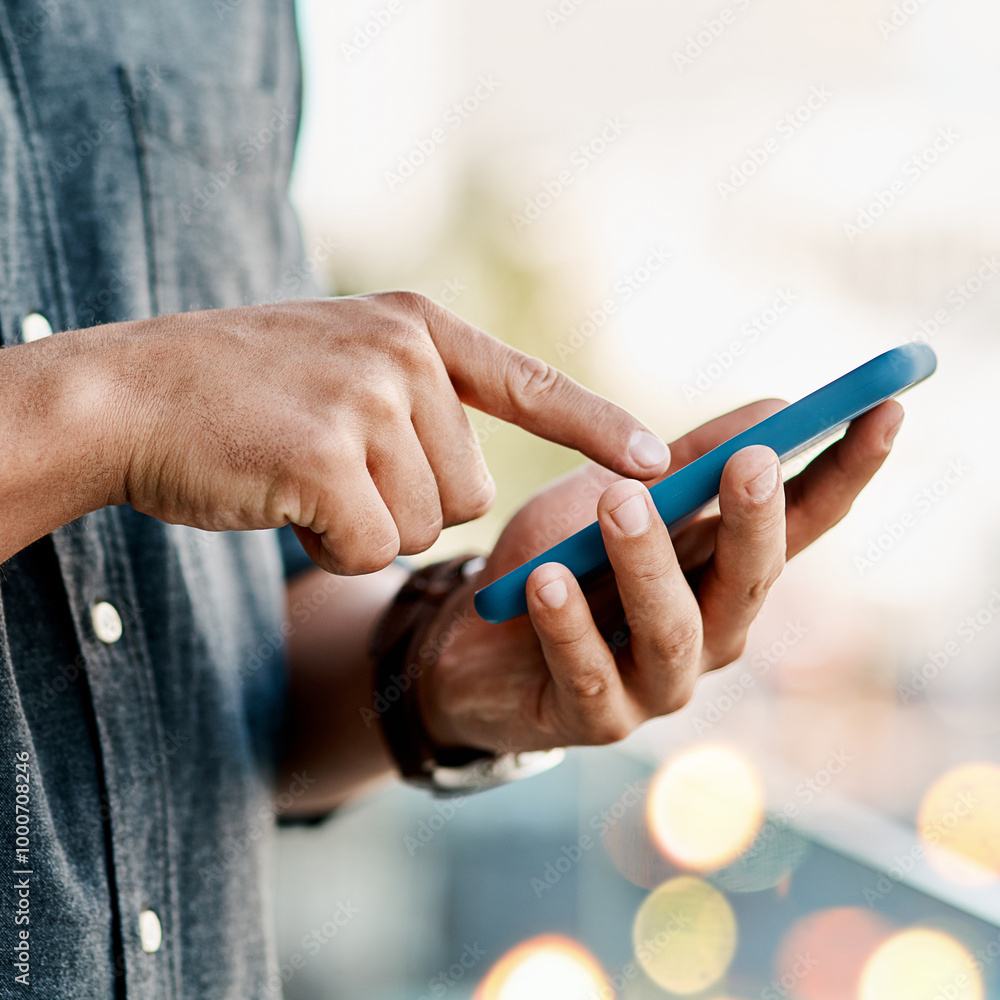 Poster Hands, man and texting on smartphone with browsing internet or website for online news update. Closeup, male person and message with social media interaction, networking and email communication