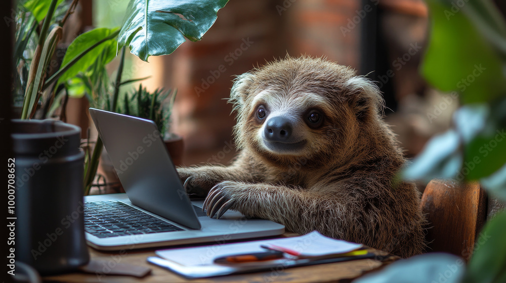 Canvas Prints A sloth works on a computer.