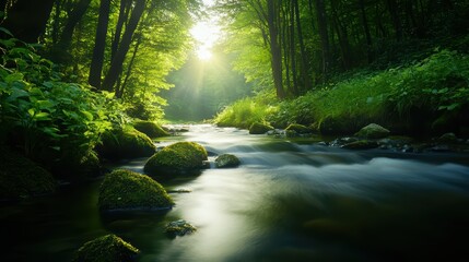 Obraz premium Serene forest stream with sunlight filtering through trees