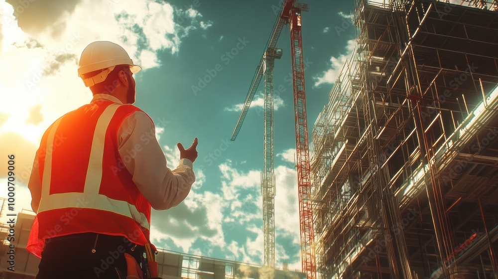 Poster a construction worker observes a building site with cranes and scaffolding against a sunset.