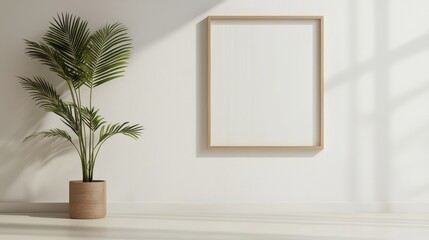 Minimalist interior with plant and empty frame on wall