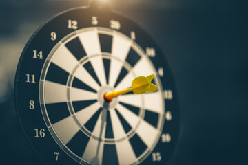 Bullseye target goal or dartboard has yellow dart arrow throw hitting center shooting for strategy organization management of financial business targeting planning to winner concept.