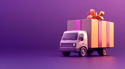  cartoon style illustration for delivery truck  on gift box on purple background , A bright yellow truck with a box attached to its back on purple background 