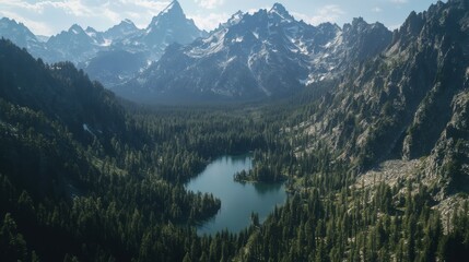 Stunning aerial view of a tranquil lake surrounded by rugged mountains and lush green forests during a sunny day