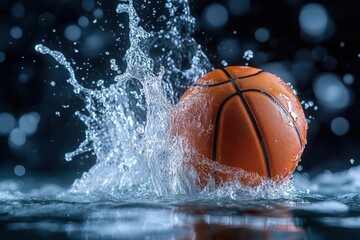 Basketball splashing in water with dynamic motion effects.