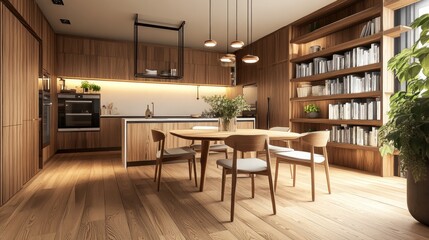 Wooden kitchen room with dining table and bar chairs, parquet floor. Kitchen open space room with bookshelf, wooden light furniture, 3D rendering no people