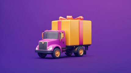  cartoon style illustration for delivery truck  on gift box on purple background , A bright yellow truck with a box attached to its back on purple background 