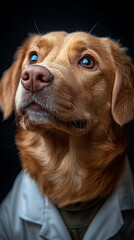 A golden retriever looks up with a curious expression.