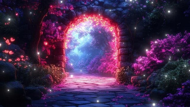 A magical pathway through an enchanted garden with vibrant flowers and glowing archway at twilight
