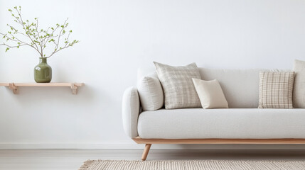 A modern living room featuring light colored sofa adorned with various cushions, complemented by minimalist shelf and decorative vase with branches. serene atmosphere invites relaxation