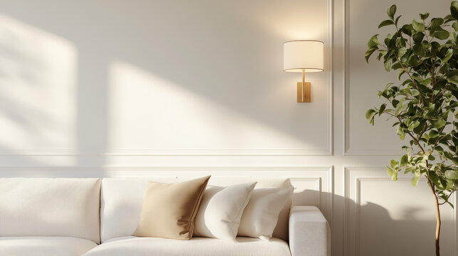 A cozy living room featuring stylish sofa adorned with soft cushions, complemented by modern wall sconce and lush green plant, creating serene atmosphere