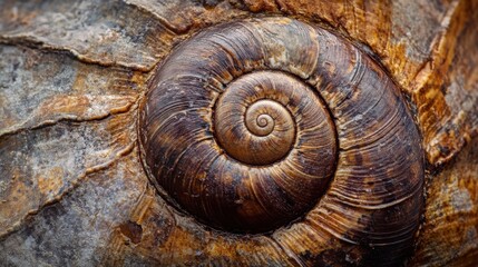 A close-up view of a brown spiral shell situated on a rocky surface showcasing intricate patterns...