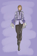 Vector fashion illustration of a girl model in fashionable clothes on a textural violet background