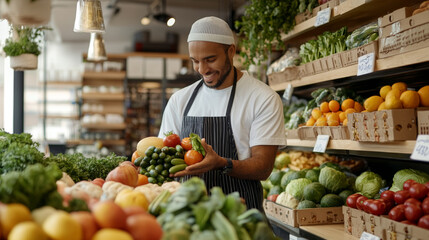 Fresh produce fills market as man in an apron joyfully selects vibrant vegetables and fruits. His smile reflects passion for healthy living and quality food