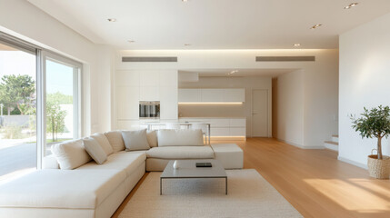 A modern living room featuring spacious white sectional sofa, minimalist coffee table, and bright, airy atmosphere. open kitchen design complements contemporary style, creating serene and inviting spa