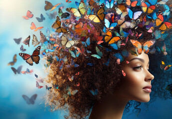 A beautiful woman with curly hair is covered in colorful butterflies, and there is an explosion of multicolored butterflies around her head