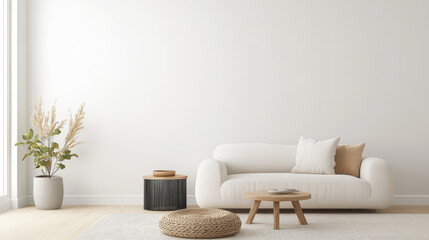 A modern living room featuring cozy white sofa, wooden coffee table, and decorative plants. minimalist design creates serene and inviting atmosphere